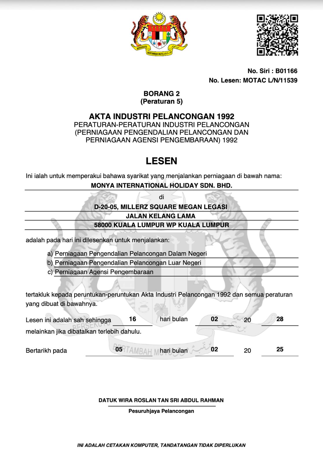 MOTAC travel business licence issued to MONYA International Holiday Sdn Bhd, L/N/11539